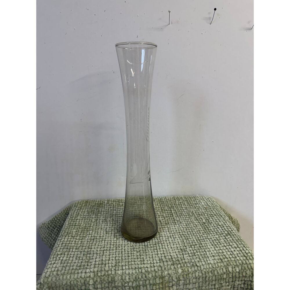 Vintage Amber Glass Bud Vase Etched Floral Slim 10 Inch MCM Decor